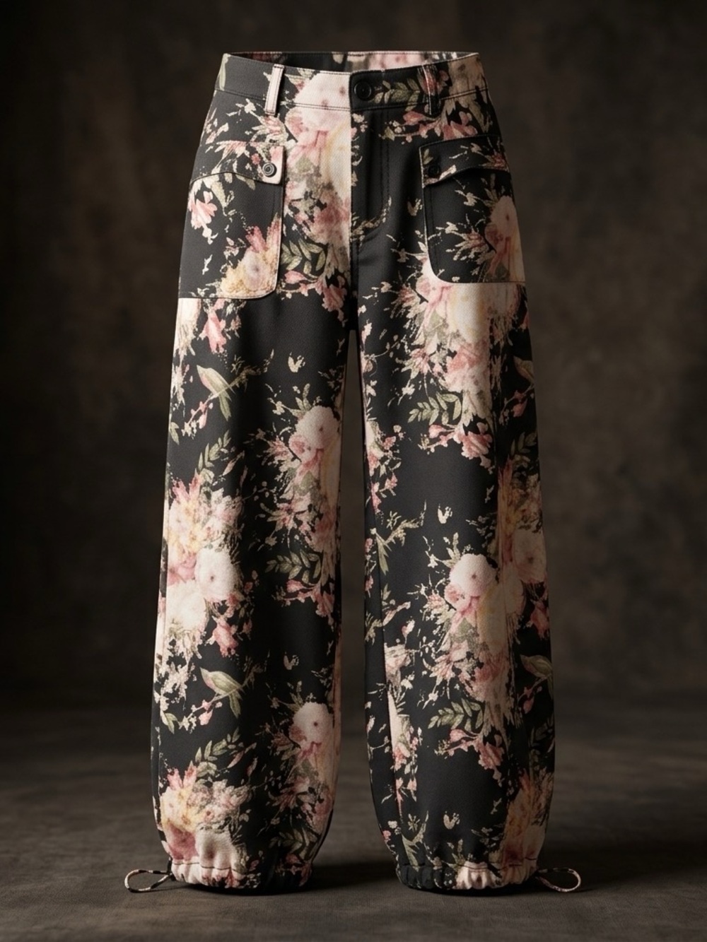 DAVI & DANI Wide Leg Black Floral Denim Drawstring Hem Converts to Jogger style.